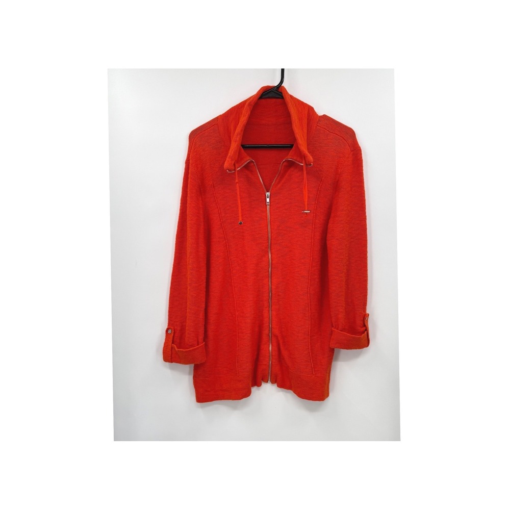 Chico's Size 2 Women Full Zip Cardigan Sweater Orange‎ Cotton Roll Tab Sleeve